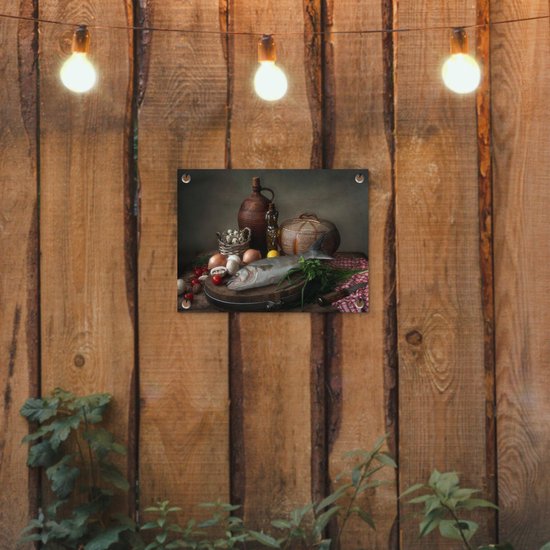 Décoration de Jardin Rustique - Poisson - Nature morte - Légumes - Herbes - 40x30 cm - Toile de jardin - Affiche extérieure