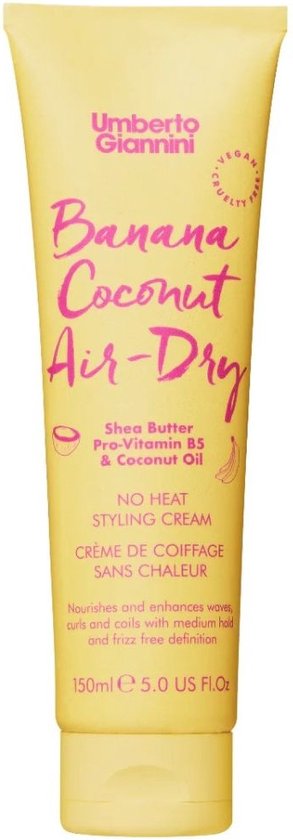 Gele tube Umberto Giannini Banana Coconut Air-Dry crème. Bevat 150ml en shea boter, pro-vitamine B5 en kokosolie.