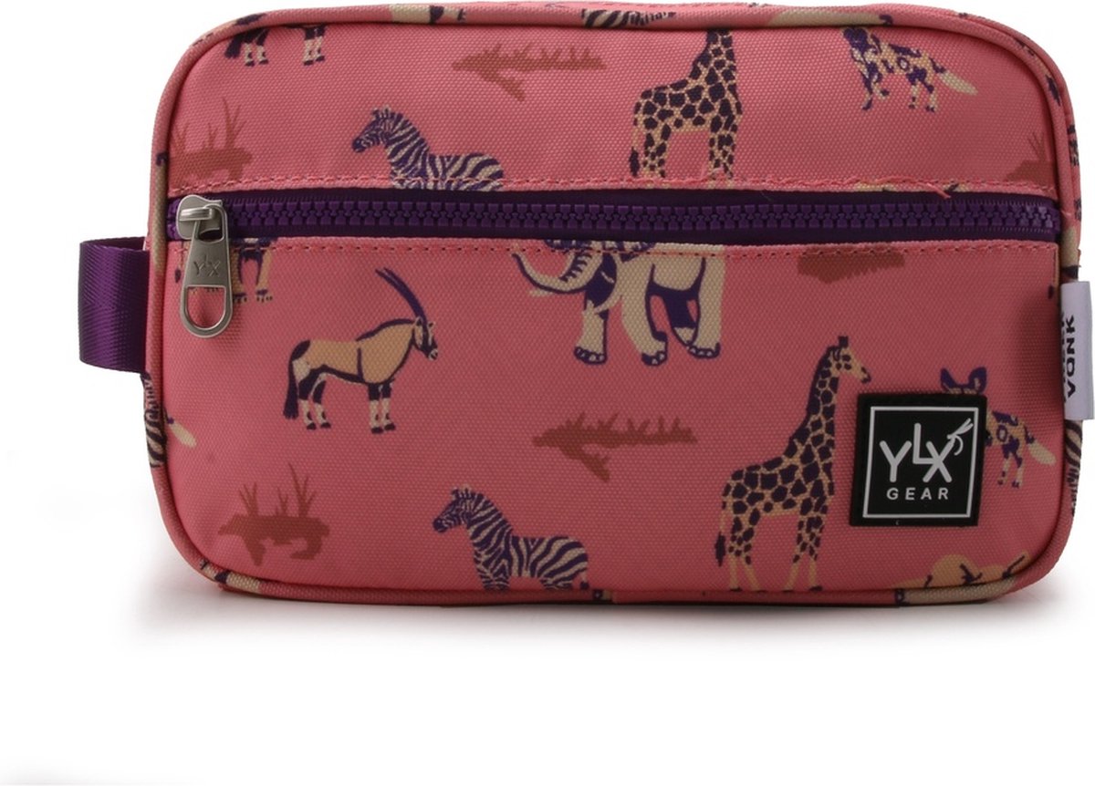 SALE: YLX Gear & Freek Vonk Willow Toiletry Bag | Koraal roze & Safari | Roze, koraal met zebra, giraffe, leeuw, olifant |Toilettas, logeren, vakantie | kinderen, jongens, meisjes | dierenprint, safari
