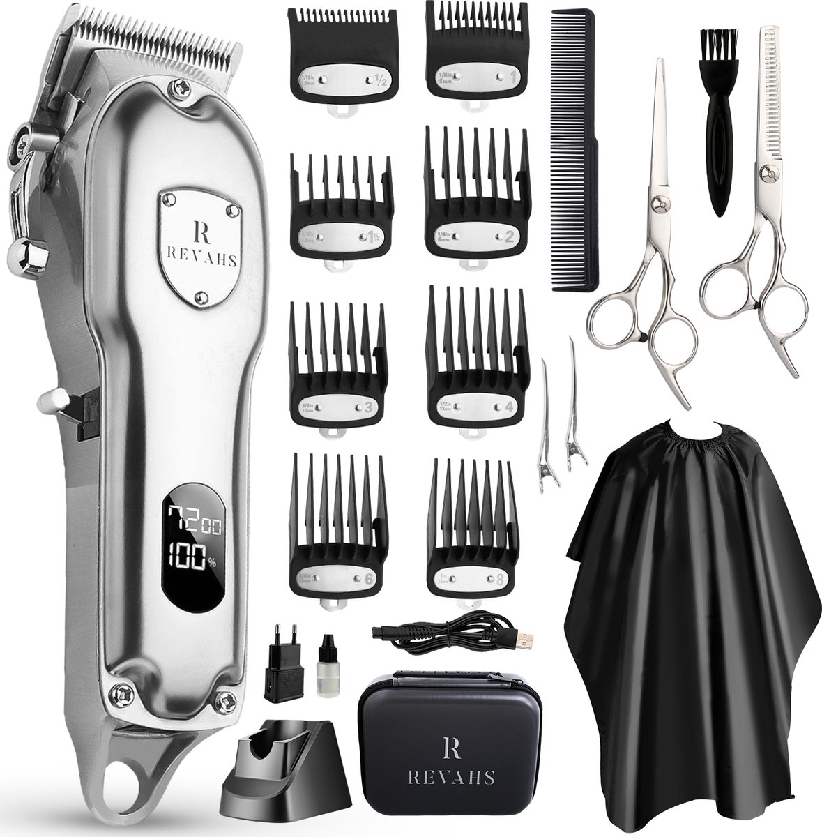 Revahs Professionele Draadloze Tondeuse en Baardtrimmer - Hoofdhaar - Baarden en Snorren - Hair Clipper en Haartrimmer - Tondeuse Cheveux - Tondeuse Haar - 8 Opzetkammen