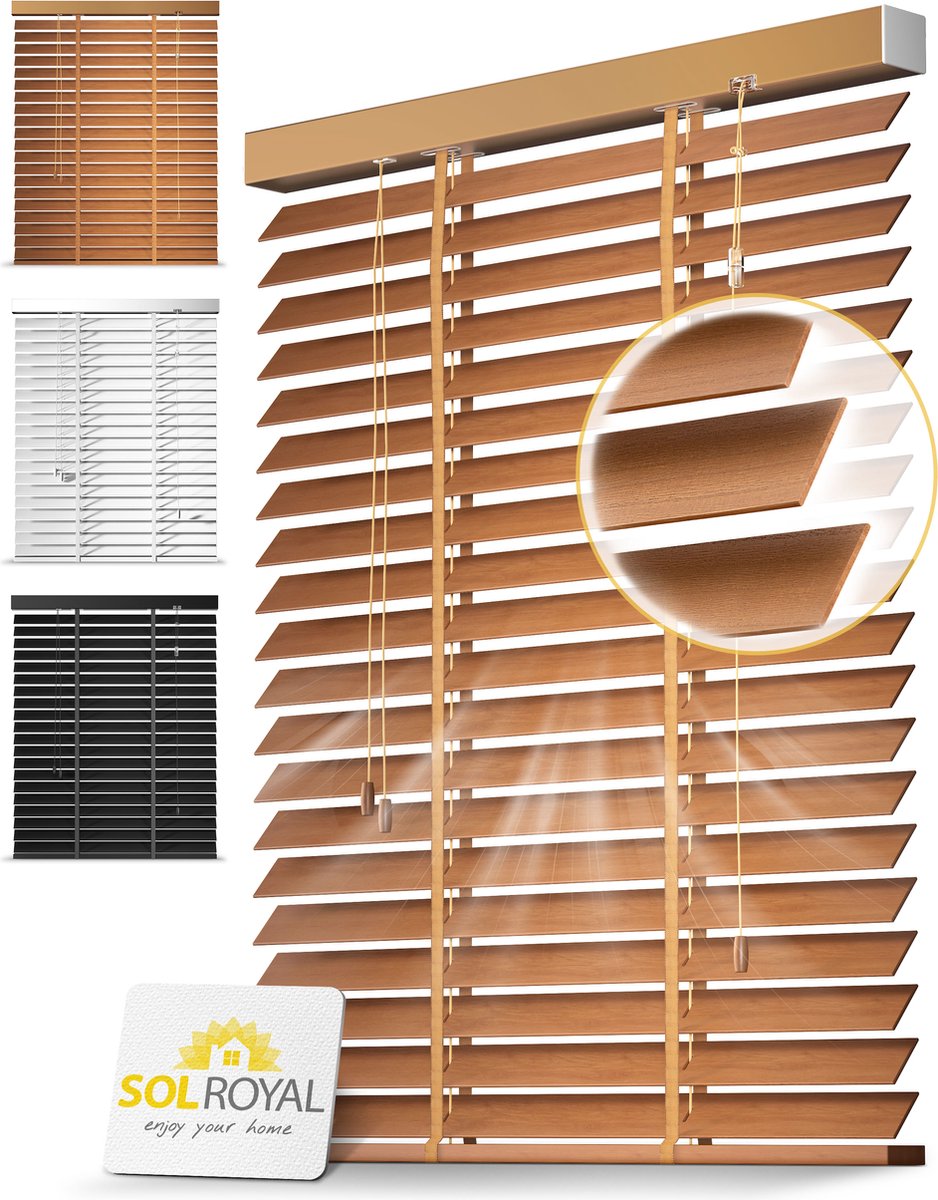 Sol Royal BE5 â€“ Houten Jaloezieen Eikenhout 50 mm Lamellen Extra Breed â€“ 100x180 cm â€“ Eenvoudige Montage aan Muur & Plafond â€“ Echt Hout â€“ Rolgordijn Raam & Deur