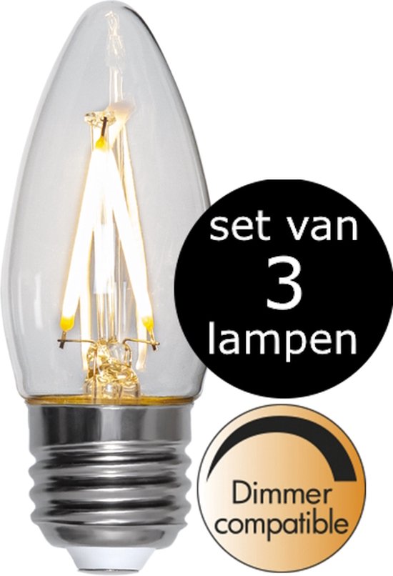 Ampoule claire en forme de bougie avec culot E27, filaments LED visibles. Texte : 'set van 3 lampen', 'Dimmer compatible'.