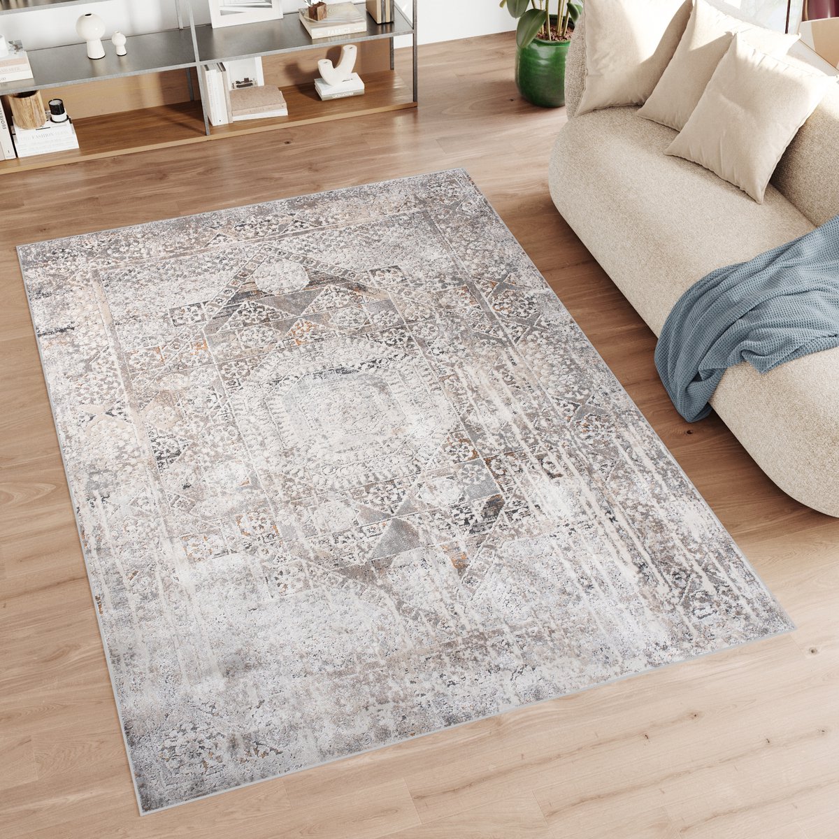 Tapiso Feyruz Vloerkleed Beige Vintage Modern Slaapkamer Woonkamer Tapijt Maat- 80x150 Grijs Beige 2