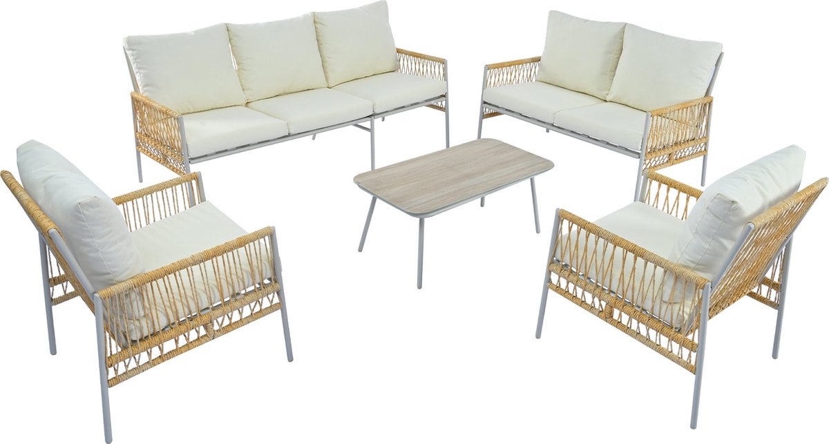 Merax 7-Zits Loungeset - Tuinmeubelset met 7 Zitplekken - PE-Rattan - Verzinkt Staal - Geharde Glas Tafel - Afneembare en Wasbare Kussens - Beige