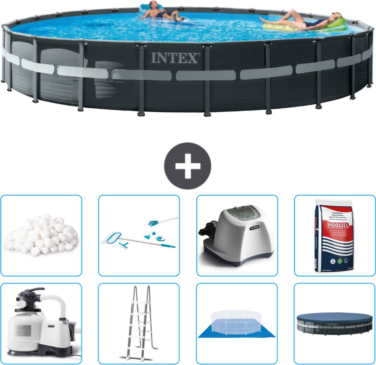 Intex Rond Ultra XTR Frame Zwembad - 732 x 132 cm - Inclusief Pomp - Ladder - Grondzeil - Afdekzeil Filterbollen - Schoonmaakset - Zoutwatersysteem - Zwembadzout