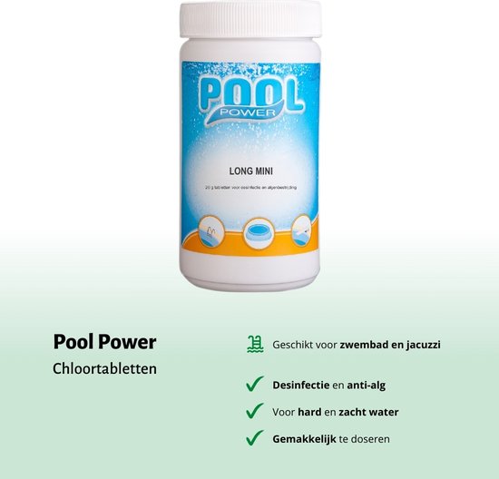 Pot met Pool Power chloortabletten, voor zwembad en jacuzzi, 20 g per tablet.