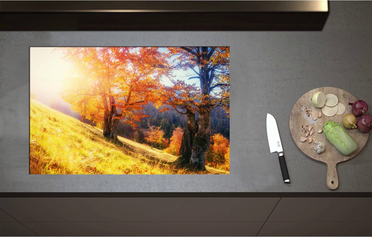 Inductieplaat Beschermer - Bomen op Rand van Berg in Herfst Tinten - 80x52 cm - 2 mm Dik - Inductie Beschermer - Bescherming Inductiekookplaat - Kookplaat Beschermer van Zwart Vinyl