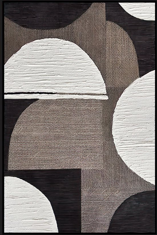 Ter Halle - Schilderij - Zwarte, Witte En Bruine Abstracte Figuren - Zwarte Baklijst - 80x120cm
