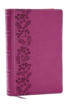 Bible rose avec motif floral sur la couverture et coutures blanches.
