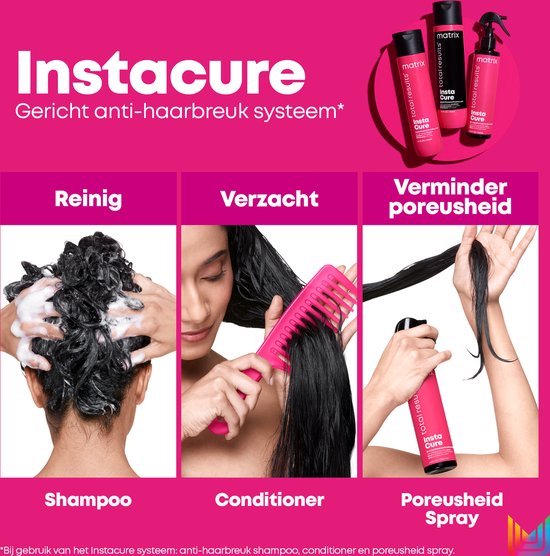 Trois étapes : shampooing sur cheveux mouillés, après-shampoing avec peigne rose sur cheveux longs, spray sur les cheveux. Trois bouteilles Matrix Instacure en haut.