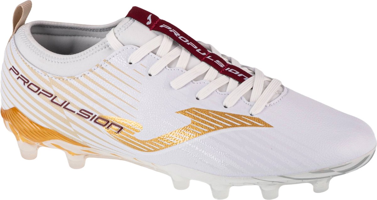 Witte Joma Propulsion Cup 2402 FG voetbalschoen voor mannen, maat 44,5, van synthetisch leder met gouden details.