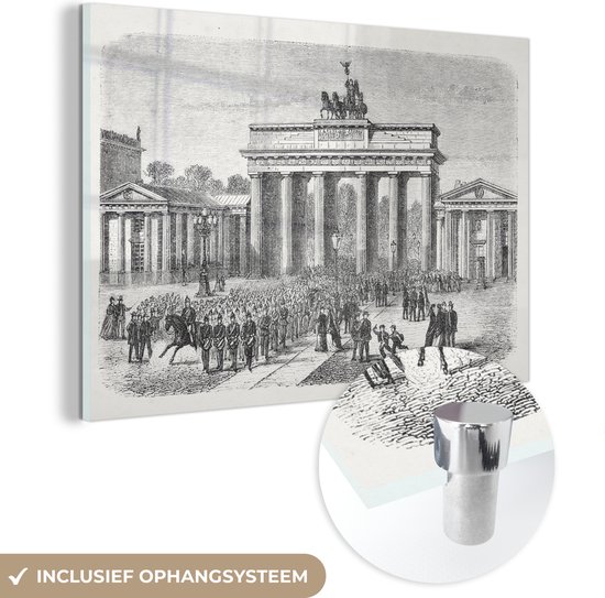 MuchoWow® Glasschilderij 30x20 cm - Schilderij acrylglas - Zwart-wit illustratie van de Brandenburger Tor in Berlijn - Foto op glas - Schilderijen