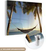 MuchoWow® Glasschilderij 40x30 cm - Schilderij acrylglas - Hangmat - Tropisch - Palmboom - Foto op glas - Schilderijen