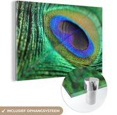 MuchoWow® Glasschilderij 180x120 cm - Schilderij acrylglas - Pauwenveer blauw groen - Foto op glas - Schilderijen