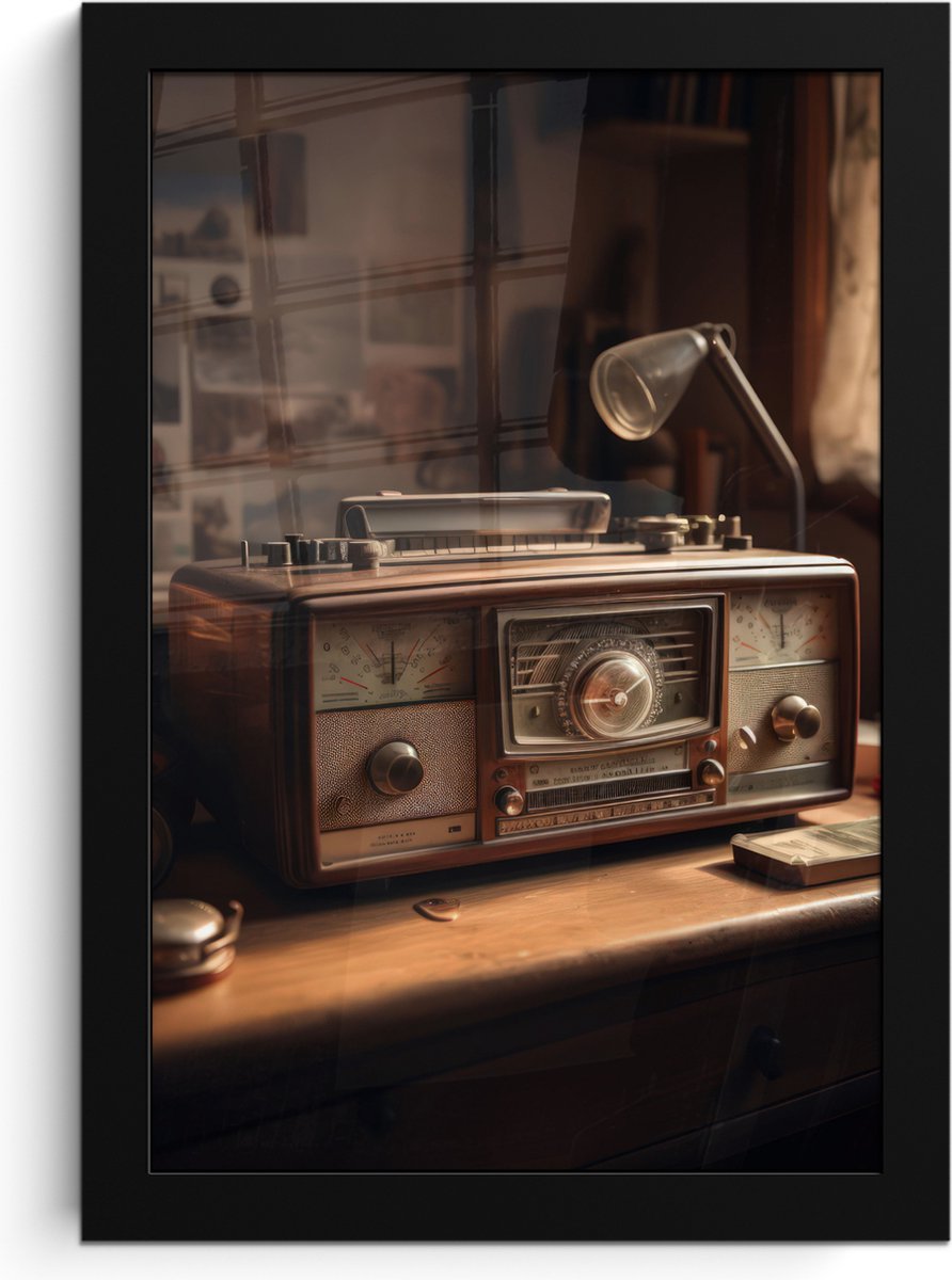 FrameYourWall Poster in lijst - Fotolijst 20x30 cm - Posters - Vintage - Radio - Oud - Bureau - Lamp - Posterlijst zwart - Decoratie - Wanddecoratie woonkamer - Muurdecoratie slaapkamer
