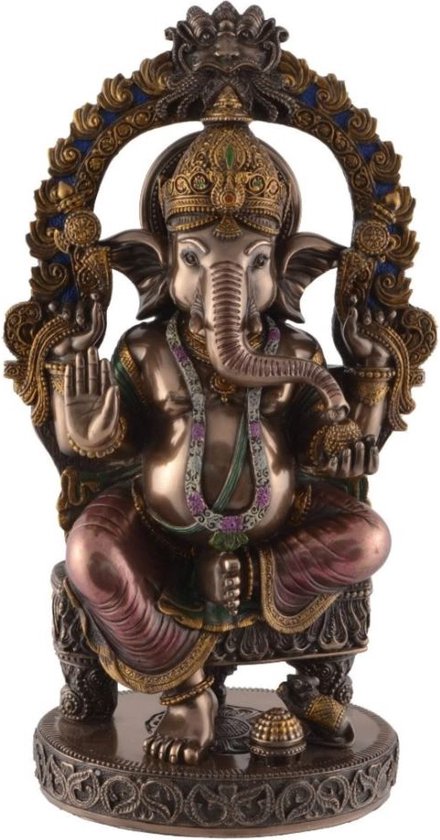Maddeco - Ganesha beeld - Ganesha op troon - god van kennis en wijsheid - bronskleurig beeldje - polystone - 15 x 10 x 26 cm