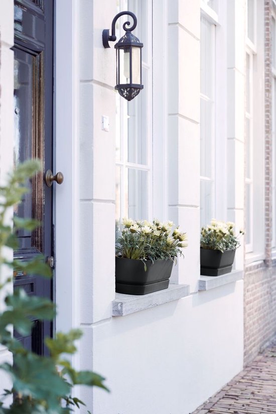 Twee zwarte plantenbakken met witte bloemen op vensterbank buiten.