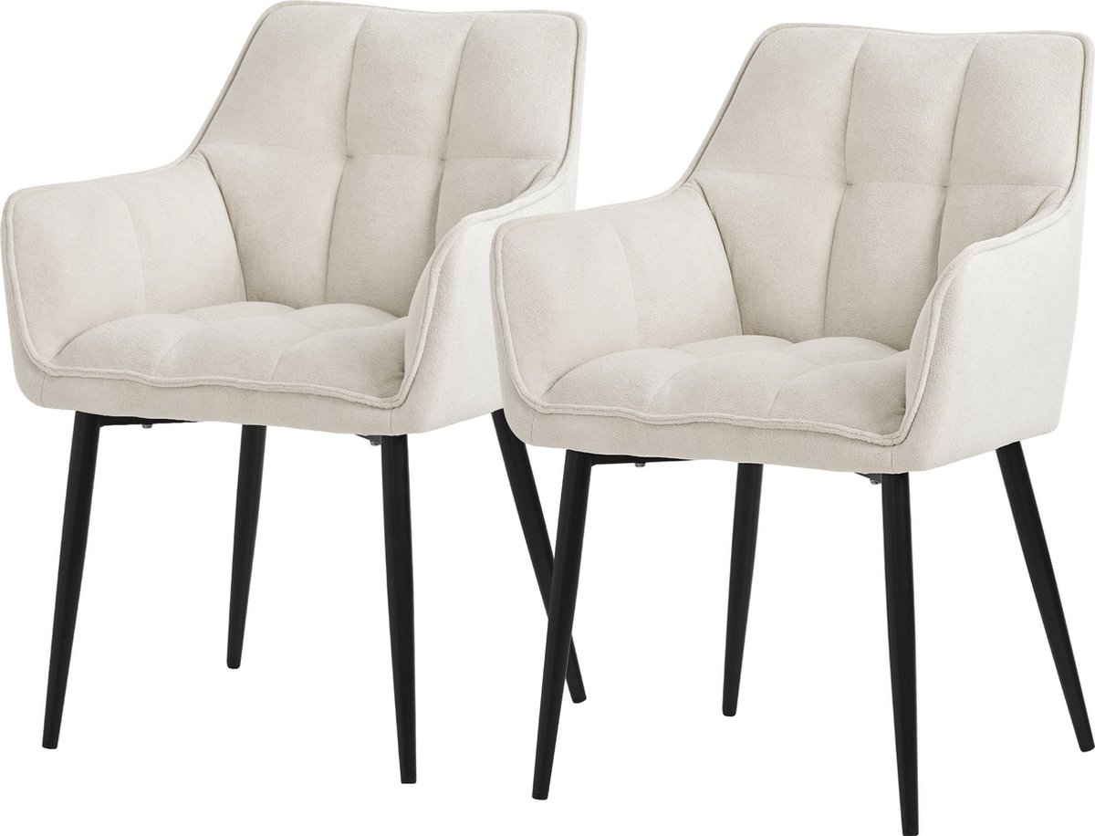 ml-design eetkamerstoelen set van 2 in badstof, crème, keukenstoel met dikke gestoffeerde zitting en metalen poten, woonkamerstoel met rugleuning en armleuningen, ergonomische loungestoel Cream