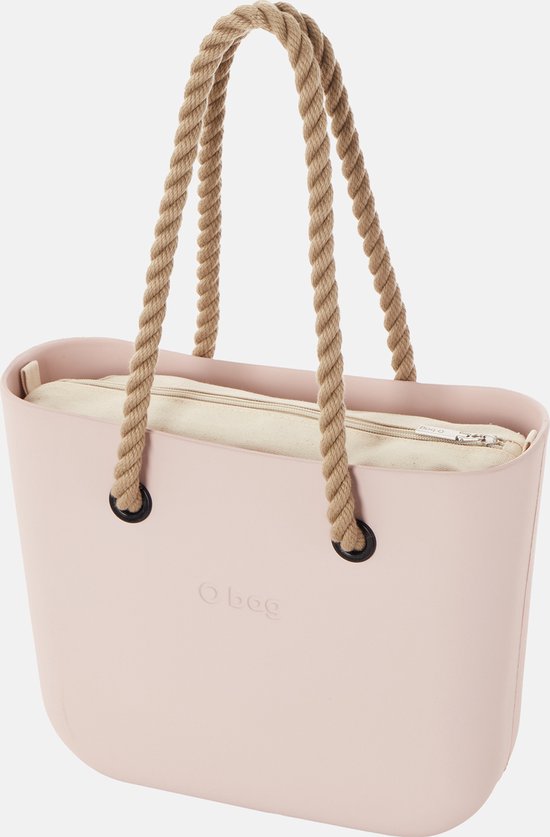O bag mini BESTSELLER schoudertas in zachtroze, compleet met lange touw hengsels en canvas binnentas