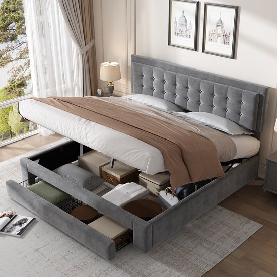 Sweiko Gestoffeerd bed, Bed met 2 lades, fluwelen stof, lattenbod, tweepersoonsbed, grote opbergruimte, 160 x 200, Grijs