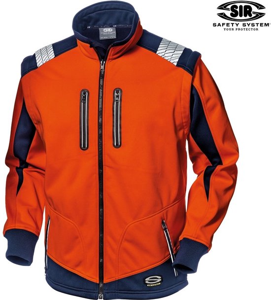 Oranje softshell werkjas met blauwe accenten op de schouders, mouwen en boord. Twee ritszakken op de borst.