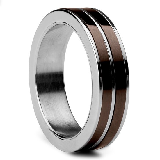 Lucleon - Zilverkleurige gepolijste roestvrijstalen ring van bruin keramiek voor heren - 6 mm