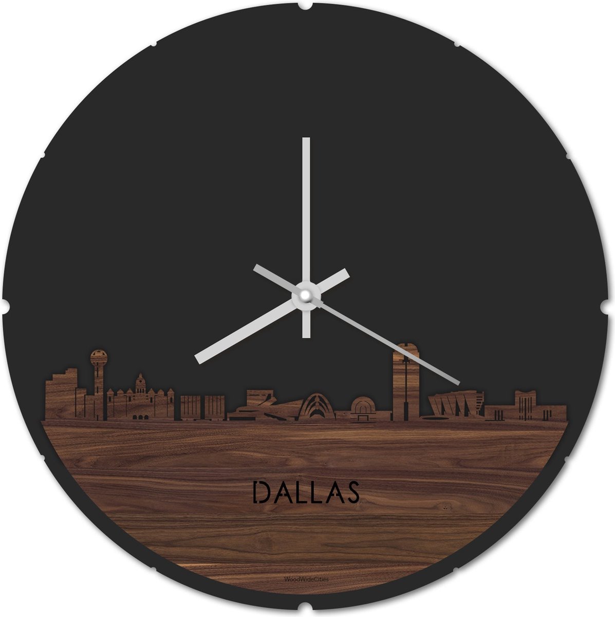 Skyline Klok Rond Dallas Notenhout - Ø 44 cm - Stil uurwerk - Wanddecoratie - Meer steden beschikbaar - Woonkamer idee - Woondecoratie - City Art - Steden kunst - Cadeau voor hem - Cadeau voor haar - Jubileum - Trouwerij - Housewarming -