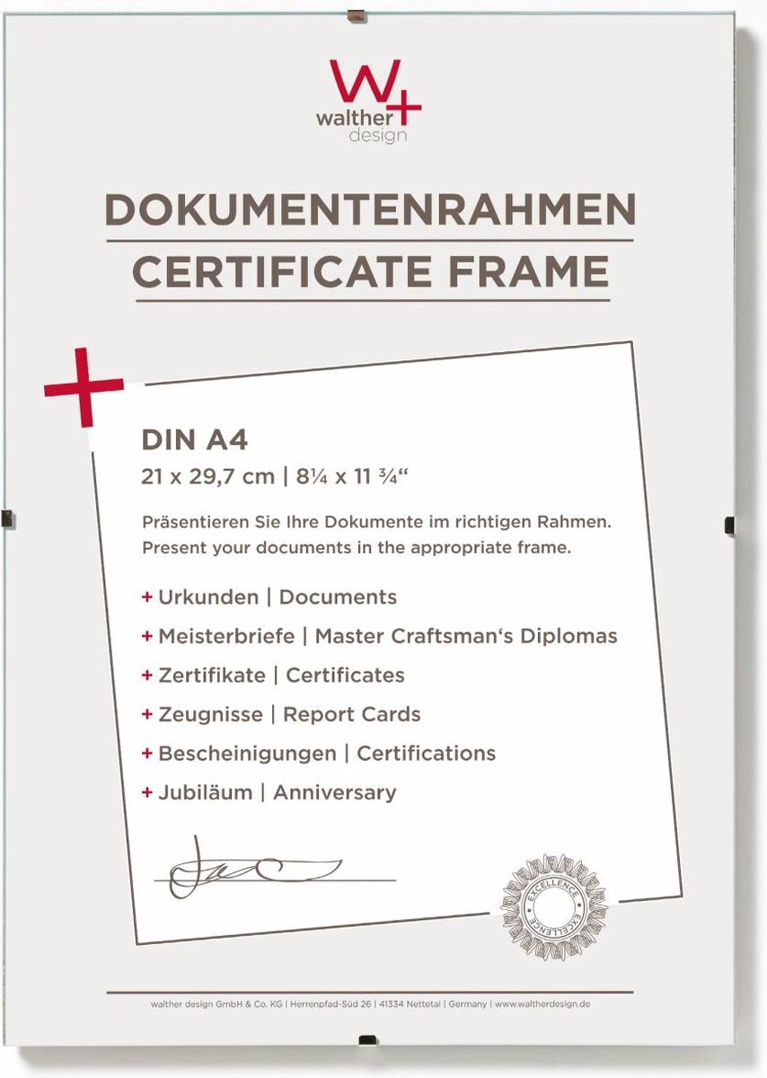 Walther Fotolijstloze schilderijhouders (clip frame) - Frameformaat 21x29,7 cm (DIN A4) - Antireflecterend Glas