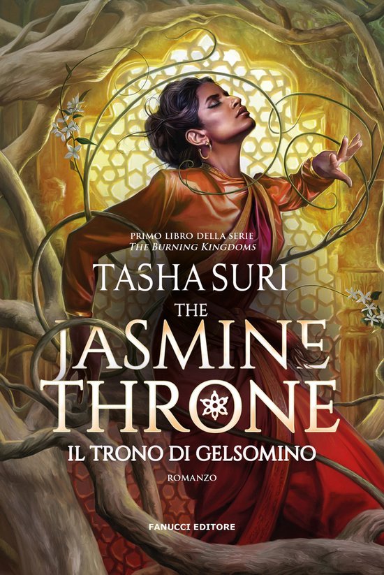 Boekomslag van The Jasmine Throne met een vrouw in een oranje jurk tussen takken en bloemen tegen een gouden achtergrond.