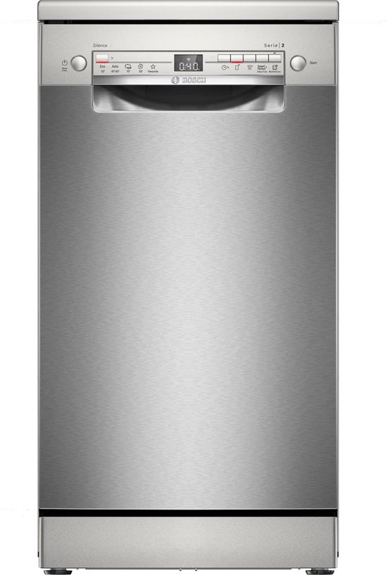 Zilverkleurige Bosch vaatwasser met gesloten deur en digitaal display.
