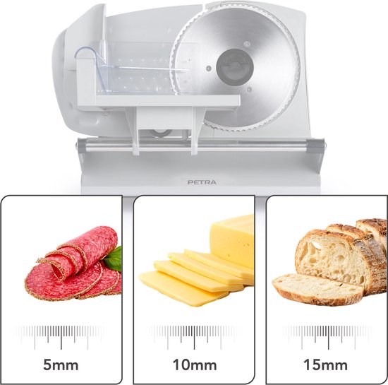 Petra PT4636VDE Elektrische Slicer voor voedingsmiddelen – Keukensnijmachine, vlees, kaas, brood, instelbare snijdikte van 1-15 mm, roestvrijstalen gladde en getande bladen van 170 mm, antislipvoetjes