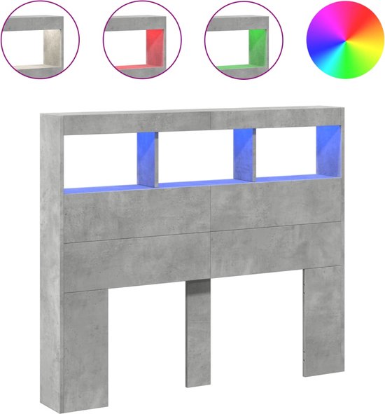 vidaXL - Hoofdbordkast - met - LED-verlichting - 120x17x102 - cm - betongrijs