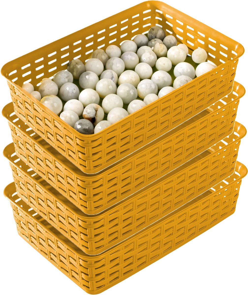 Hega Hogar Opbergmandje/ladeverdeler - 4x - okergeel - 2 liter - kunststof - 17 x 25 x 6 cm - kleine opslag bakjes - manden