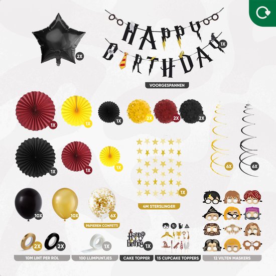 Overzicht van alle feestdecoratie-items, inclusief ballonnen, banners en maskers.