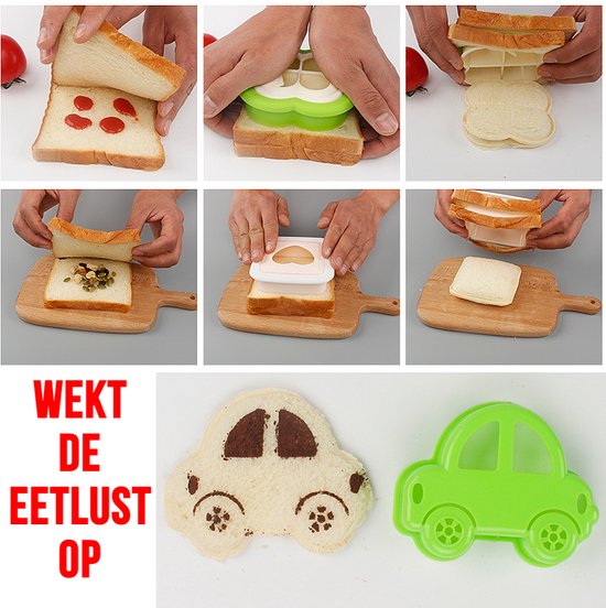 Un sandwich en forme de voiture. À côté de la forme de voiture, un emporte-pièce de voiture vert et le texte "Stimule l'appétit".