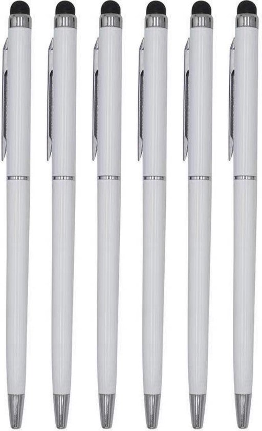 6 Stuks - Balpen en Touch Pen - 2 in 1 Stylus Pen voor smartphone en tablet - Metaal - Wit