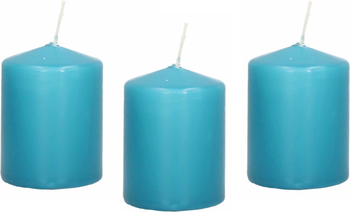 Trend Candles 12x Turquoise blauwe cilinderkaarsen stompkaarsen 6 x 8 cm 29 branduren Geurloze kaarsen turkoois blauw Woondecoraties