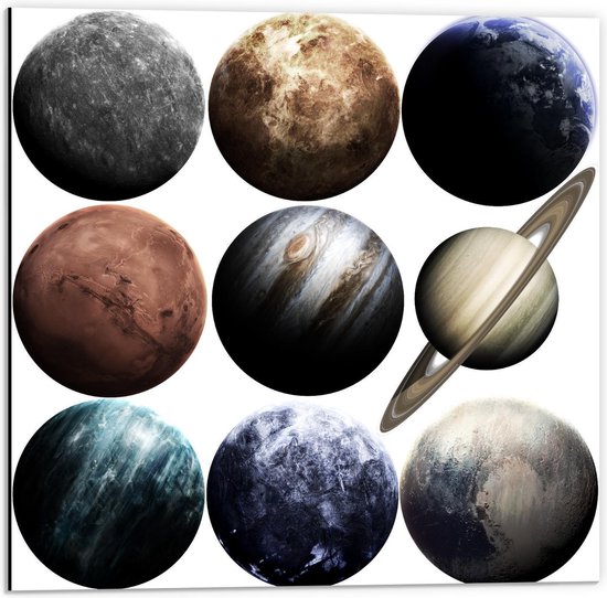 Dibond - Verschillende Planeten - 50x50cm Foto op Aluminium (Wanddecoratie van metaal)