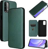 Voor Xiaomi Redmi Note 9 4G Koolstofvezel Textuur Magnetische Horizontale Flip TPU + PC + PU lederen tas met kaartsleuf (groen)