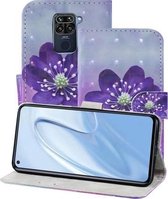 Voor Xiaomi Redmi Note 9 3D-schilderijpatroon Gekleurde tekening Horizontale flip PU-lederen hoes met houder & kaartsleuven & portemonnee & lanyard (paarse bloem)