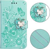 Voor Sony Xperia XZ4 Compact Diamond Encrusted Butterflies Love Flowers Pattern Horizontale Flip lederen hoes met houder & kaartsleuven & portemonnee & lanyard (groen)