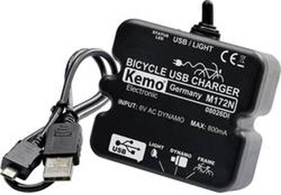 Zwarte Kemo M172N fiets USB lader met kabels. Tekst: 'BICYCLE USB CHARGER'.