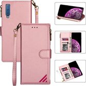 Voor Samsung Galaxy A7 2018 Rits Multi-kaartsleuven Horizontale Flip PU-lederen Case met Houder & Kaartsleuven & Portemonnee & Lanyard & Fotolijst (Rose Goud)