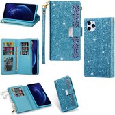 Voor iPhone 11 Pro Multi-kaartsleuven Sterrenhemel Lasergravure Glitter Rits Horizontale Flip Leren Case met Houder & Portemonnee & Lanyard (Hemelsblauw)