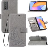 Vierbladige sluiting reliëf gesp Mobiele telefoon bescherming lederen tas met lanyard & kaartsleuf & portemonnee & beugel functie voor Huawei Honor 10X Lite (grijs)