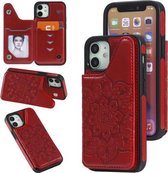 Bloem reliëfpatroon schokbestendig beschermhoes met houder & kaartsleuven en fotolijst voor iPhone 12 mini (rood)