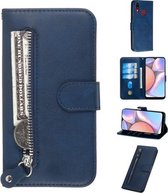 Voor Galaxy A10s Mode Kalfsstructuur Rits Horizontale Flip PU lederen tas, met houder & kaartsleuven en portemonnee (blauw)