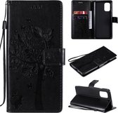 Voor OnePlus 8T Tree & Cat Pattern Pressed Printing Horizontale Flip PU lederen hoes met houder & kaartsleuven & portemonnee & lanyard (zwart)
