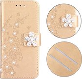 Voor Galaxy A8 (2018) Plum Blossom Pattern Diamond Encrusted Leather Case met houder & kaartsleuven & portemonnee (goud)