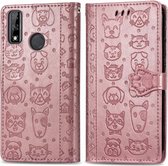 Voor Huawei Y8S Leuke Kat en Hond ReliÃ«f Horizontale Flip Leren Case met Houder & Kaartsleuven & Portemonnee & Cartoon Sluiting & Lanyard (Rose Goud)